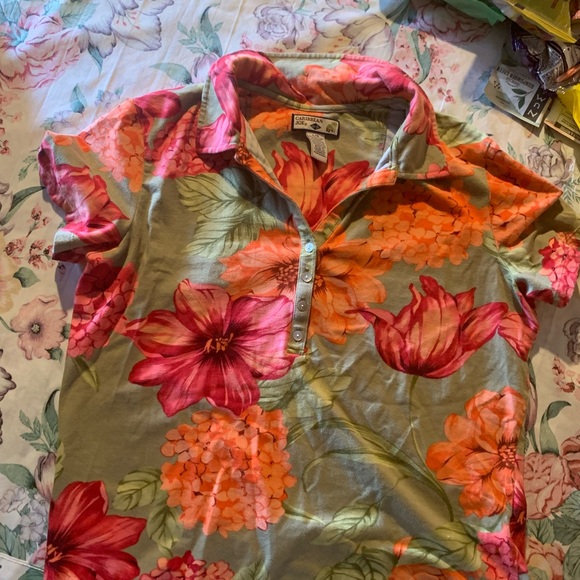 Caribbean Joe Tops - Caribbean Joe  Women’s Floral Polo Blouse - Pink & Orange Bloom Size Large
